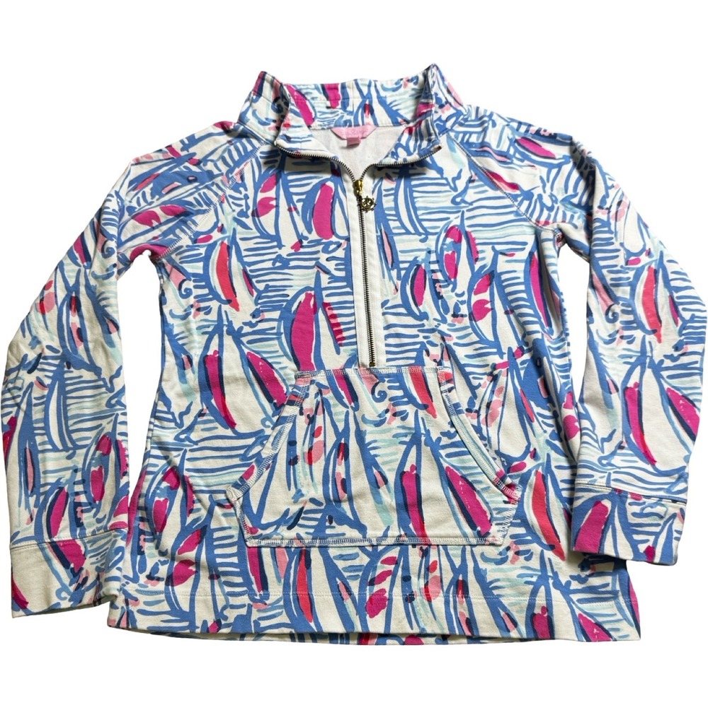 Lilly Pulitzer Skipper Popover Women Size M Blue Pink Sailboat Print Excellent